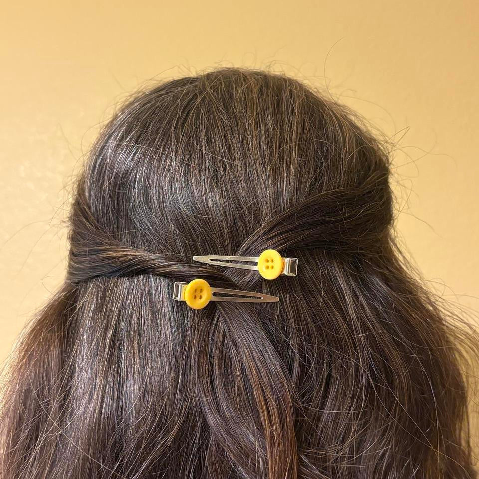 Yellow Button Hair Clips