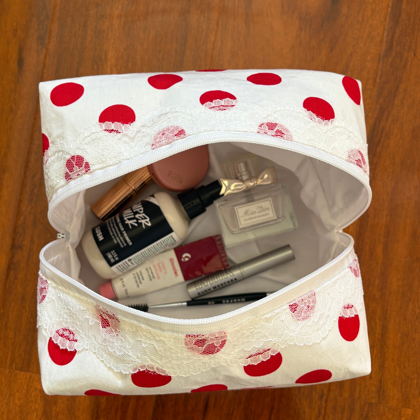 White/Red Polka Dot Makeup Bag